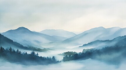 Wall Mural - Misty Mountain Majesty: A Serene Watercolor Landscape