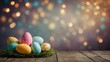 © Toni DiSalvo - Easter eggs in a green grass nest on rustic wood surface with bokeh background