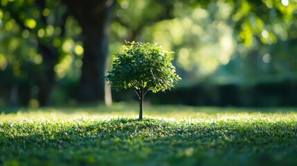 Sticker - Small tree sapling in green grass, sunlight.