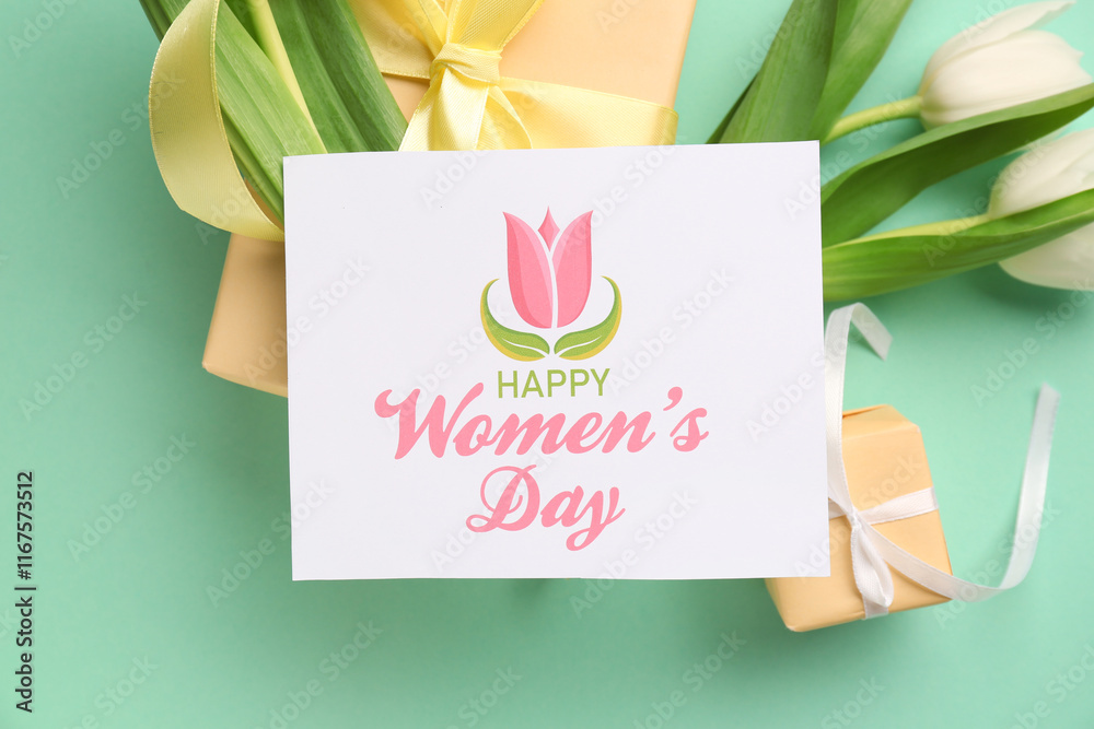 Festive postcard with gift boxes and tulips on turquoise background. Happy Women's Day