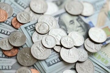 Wall Mural - Many hundred dollar bills and US cents coins. Different coins and banknotes.