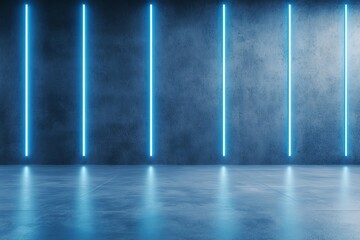 Poster - Futuristic interior with blue neon lights on a concrete wall, creating a modern and sleek atmosphere. Perfect for conveying innovation and tech-forward design concepts.