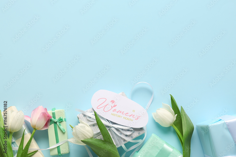 Festive postcard with gift boxes and tulips on blue background. Happy Women's Day