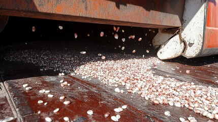 Wall Mural - Harvested corn kernels flowing on a conveyor belt.