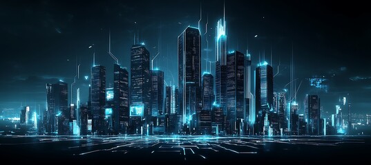 Poster -  A futuristic representation of a business city with glowing skyscrapers and digital networks connecting them, set against a dark background.