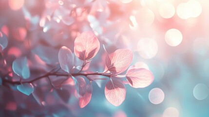 Sticker - Soft pink leaves on branch, bokeh background.