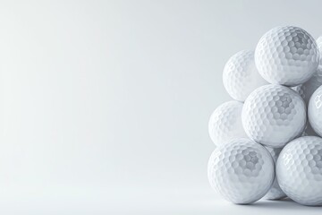 Poster - A minimalistic composition of stacked white golf balls on a light background, showcasing the texture and pattern, perfect for sports-themed designs and advertisements.