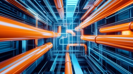 Poster - Futuristic orange and blue pipeline network with glowing lines, symbolizing modern technology and connectivity