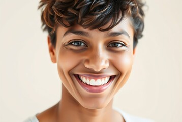 Wall Mural - Portrait of a Joyful Young Woman with Short Curly Hair and Bright Smile Against a Soft Background