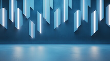 Poster - Abstract geometric pattern with vertical light panels on a dark blue background. Futuristic design featuring glowing elements, perfect for modern technology or digital themes.