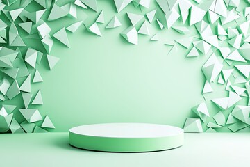 Poster - Abstract 3D rendering with geometric shapes in mint green. Minimalist platform and folded paper-like textures for modern design and presentations.