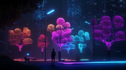 Poster - Neon trees illuminate a futuristic city park at night, a lone figure contemplates the scene.