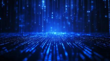 Poster - Futuristic blue digital landscape with glowing binary lights, representing advanced technology and data communication.