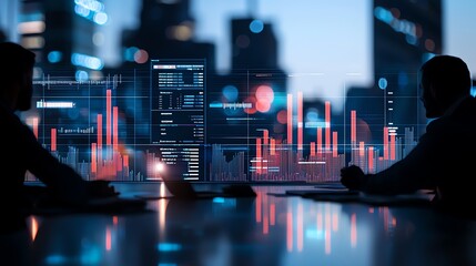 Aufkleber - Silhouetted professionals analyze financial data on glowing screens in a modern city office