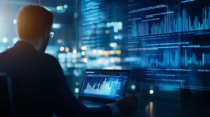 Aufkleber - A businessman analyzes financial data on a laptop, with digital charts displayed in a modern office setting, capturing the essence of data-driven decision-making in a corporate env