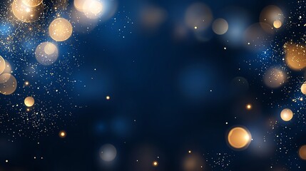 Poster - Elegant bokeh background with golden lights on a deep blue backdrop, creating a festive and dreamy atmosphere perfect for designs, celebrations, and digital art.