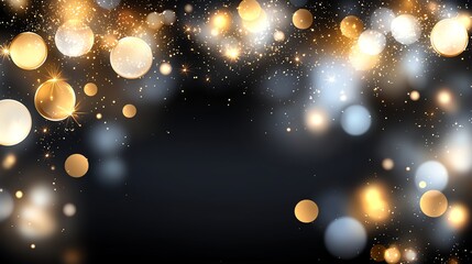 Poster - A stunning abstract bokeh lights background with glowing gold and white circles on a dark backdrop, perfect for festive and celebratory designs or digital art projects.