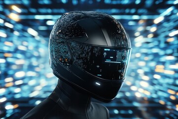 Poster - Futuristic helmet design featuring advanced technology and sleek aesthetics in a digital environment