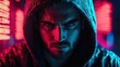 © Lamina - Intense close-up of man with hood illuminated by neon blue and red lights, reflecting mystery, determination, and cyberpunk-inspired mood in dramatic urban setting.