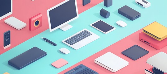 Poster -  A high-angle view of a collaborative workspace with multiple digital devices connected, symbolizing teamwork and connectivity in business.