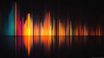 Poster - Colorful abstract light bars reflecting on a dark background, creating a vibrant visual with a symmetrical composition, perfect for artistic and modern design projects.