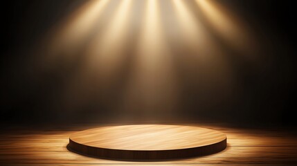 Poster - A wooden podium illuminated by spotlights in a dark room, creating a dramatic spotlight effect. Ideal for showcasing products or presentations with a professional ambiance.