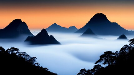 Poster - Misty sunrise over majestic mountains.