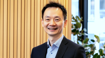 Portrait of a smiling Asian businessman in a modern office environment with Korean, Japanese, Chinese cultural background