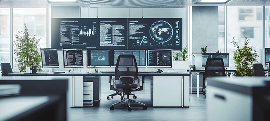 Poster - A high-tech office setup with multiple screens and modern furnishings, leaving space for text 