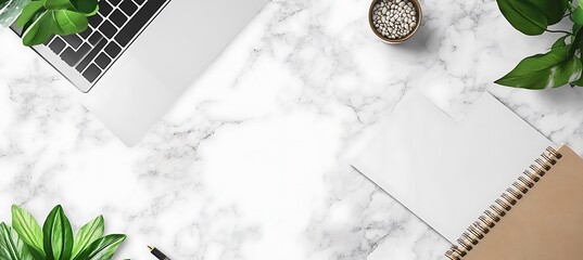 Poster - A modern workspace with a focus on a sleek laptop and notepad, with empty space for text 