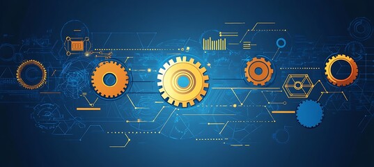 Poster - An abstract graphic showing interconnected gears and business icons with plenty of space for text
