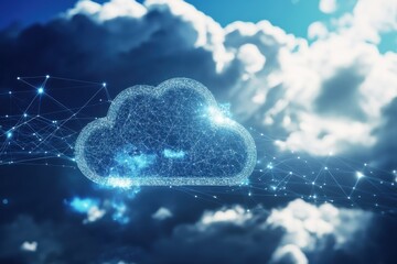 Poster - Digital cloud network symbol against a backdrop of bright blue sky and fluffy white clouds