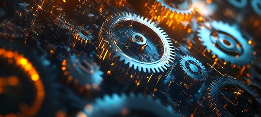 Poster - An abstract graphic showing interconnected gears and business icons with plenty of space for text