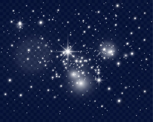 Poster - Sparkling white light particles on transparent background, glowing stars and dust effect, festive glitter overlay, magical illumination, digital abstract decoration.	

