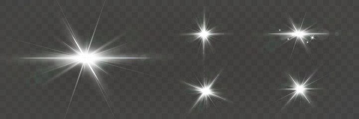 Poster - Bright sparkling light effects with starburst flares and glowing beams on a dark transparent background.