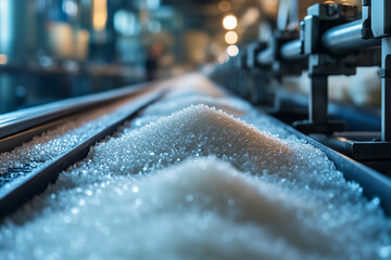 Poster - Production line showcasing the journey of refined sugar in a bustling factory