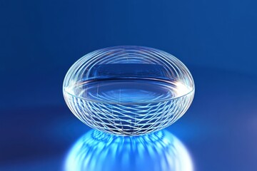 Poster - 3D visualization of a glass-like oval object with intricate wireframe design in blue background