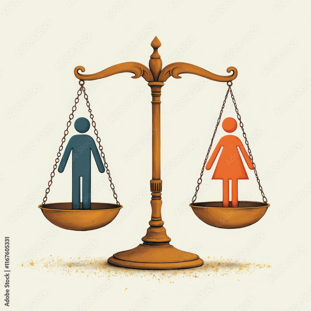 Wooden balance scales with male and female symbols on each side, beige ...