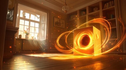 Wall Mural - A mystical glowing cube in a sunlit room, surrounded by swirling particles.