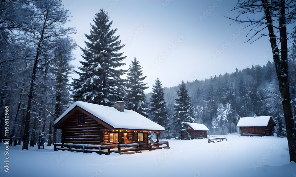 Cozy wooden log cabins glowing in snowy pine forest at twilight Stock ...