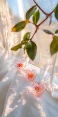 Wall Mural - Three resin hearts with dried flowers on cloth near window.