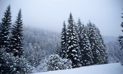 Wall Mural - Evergreen pine trees covered in snow during winter