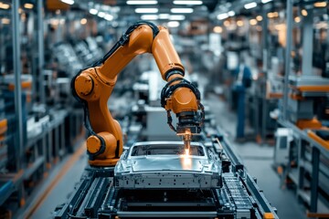 Leinwandbilder - robotic arm welding car body in automated factory