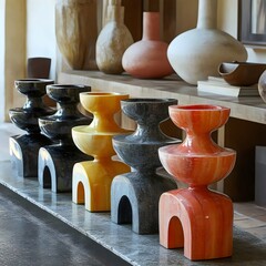 Wall Mural - A row of vases with different colors and shapes, including black, yellow