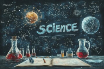 Fototapete - Science experiment displaying beakers, notebook, and chemical formulas on chalkboard