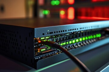 Poster - Network server powered on and connected with glowing indicators in a modern data center setup
