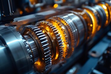 Poster - Close-up of gears rotating in industrial machinery, showing sophisticated engineering