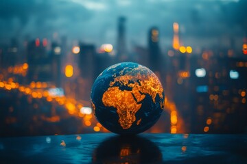 Aufkleber - Illuminated globe showing global connectivity with city lights blurred in background