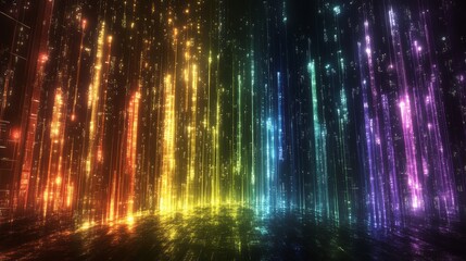 Poster - Dynamic coding visualization showcasing vibrant color patterns and shifting hues in a digital landscape at twilight