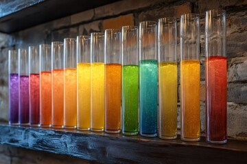 Poster - Test tubes filled with colorful liquids creating a rainbow effect on a shelf